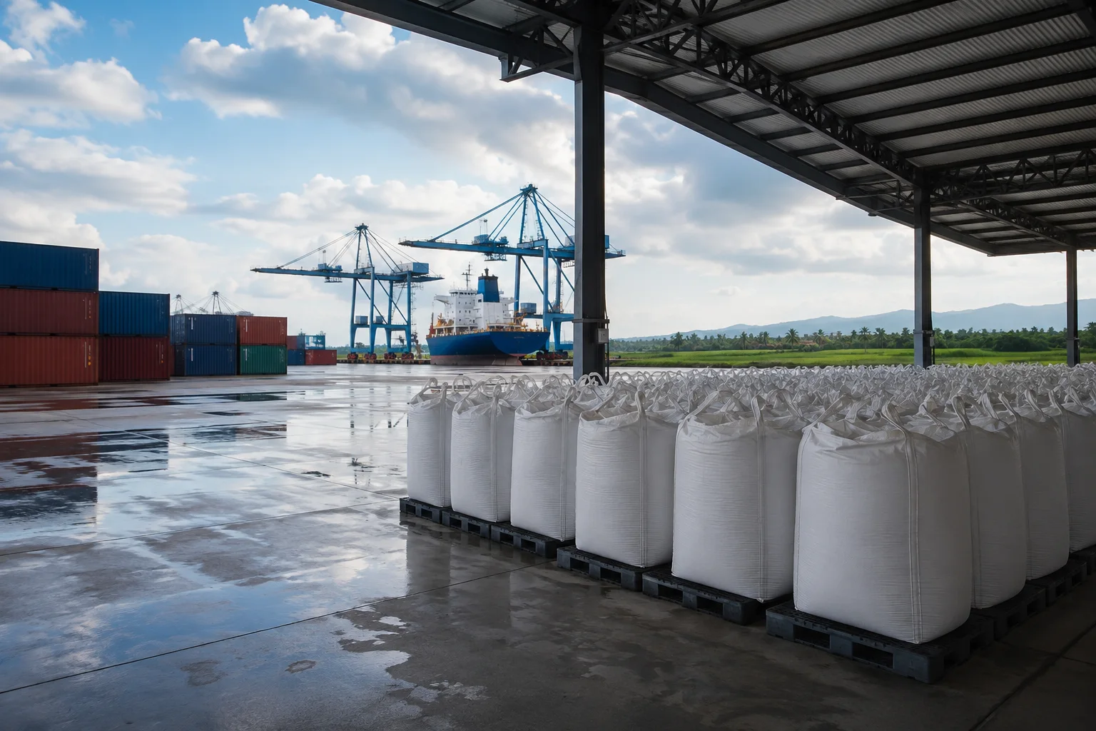 Fertilizer bulk bags staged in a clean seaport logistics warehouse