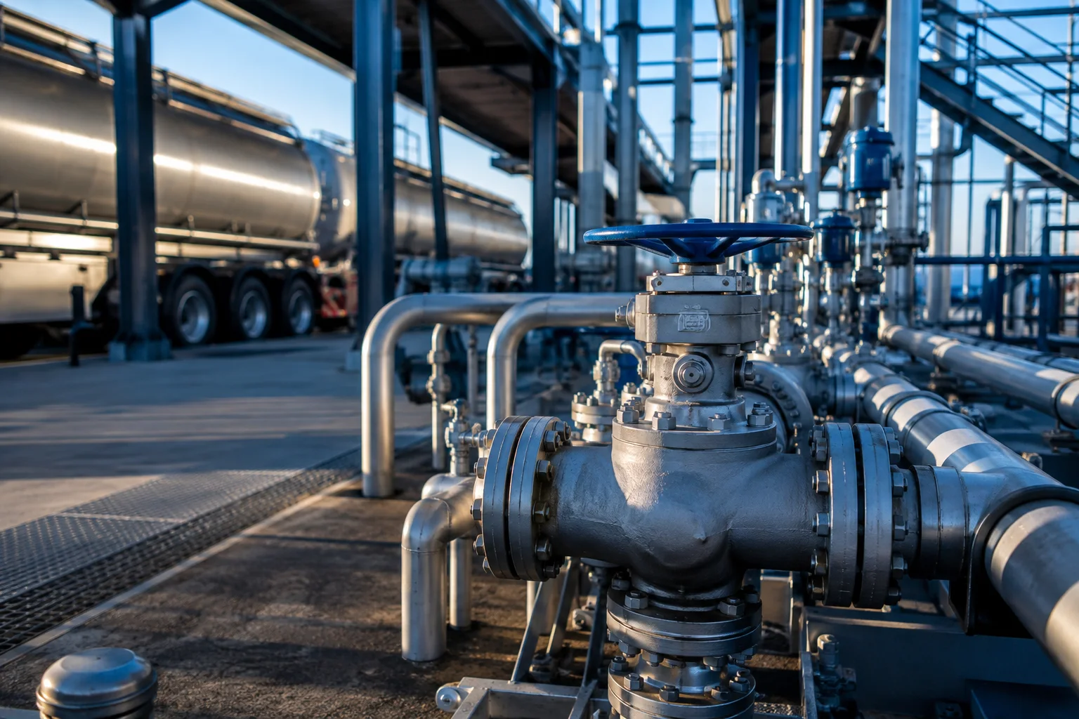 Fuel terminal valve and pipeline infrastructure in morning light